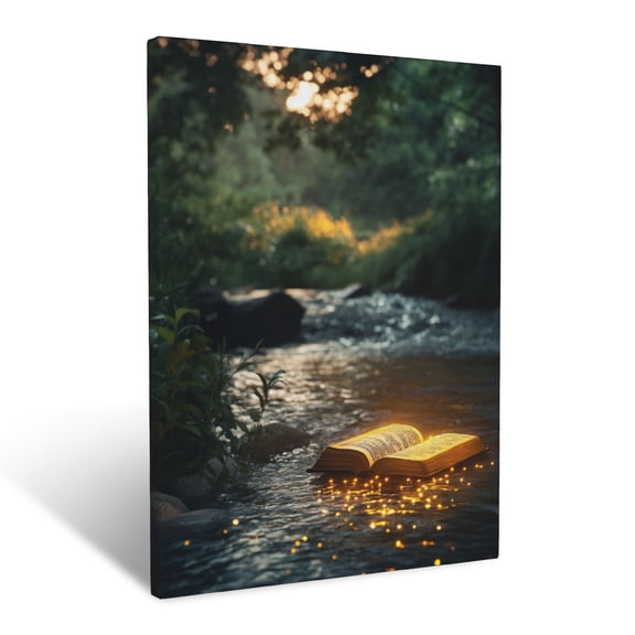 CozyNet A Peaceful Stream With A Glowing Bible Resting Beside The Waters Wall Art Prints With Frame Canvas Perfect for Living Room & Bedroom, Ready to Hang, Wall Decor 12"x16"