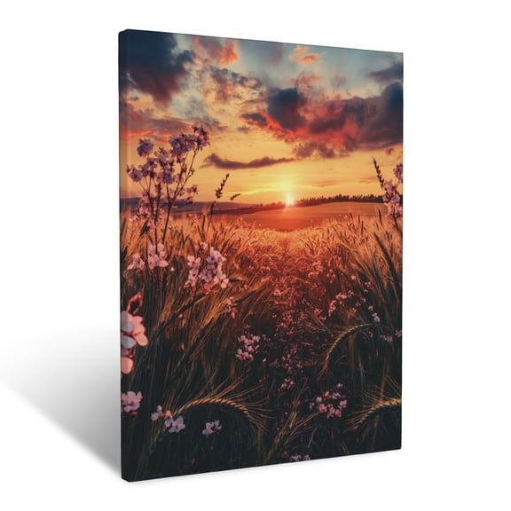 CozyNet Peaceful Sunset Scene Over Golden Wheat Fields And Blossoms Wall Art Prints With Frame Canvas Perfect for Living Room & Bedroom, Ready to Hang, Wall Decor 16"x20"in