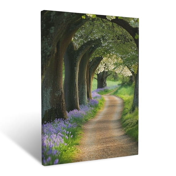 CozyNet Peaceful Tree Lined Path Bordered By Wild Violets And Daffodils Wall Art Prints With Frame Canvas Perfect for Living Room & Bedroom, Ready to Hang, Wall Decor 12"x16"in