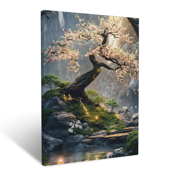 CozyNet Peaceful Zen Garden Scene With Bonsai Trees, Flowing Vines & Softly Glowing Blossoms Wall Art Prints With Frame Canvas Perfect for Living Room & Bedroom, Ready to Hang, Wall Decor 12"x16"in