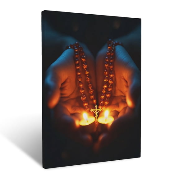 CozyNet Praying Hands Holding A Glowing Rosary Under Soft Candlelight Devotion To Faith Wall Art Prints With Frame Canvas Perfect for Living Room & Bedroom, Ready to Hang, Wall Decor 12"x16"