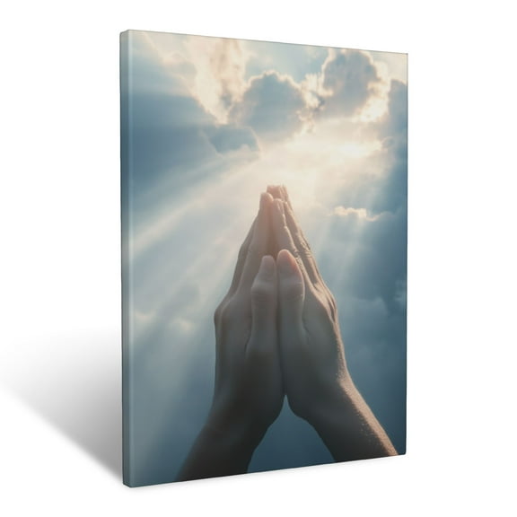 CozyNet Praying Hands With Soft Sunlight Filtering Through Clouds Humble Devotion To God Wall Art Prints With Frame Canvas Perfect for Living Room & Bedroom, Ready to Hang, Wall Decor 12"x16"