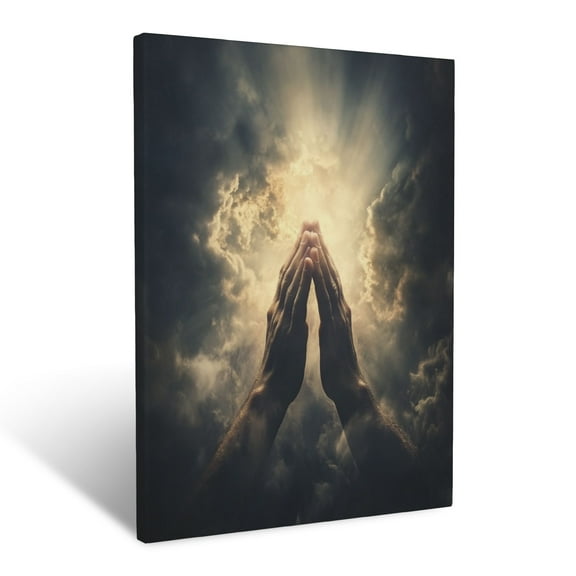 CozyNet Praying Hands Surrounded By Radiant Light Under A Dark Sky Devotion & Hope Wall Art Prints With Frame Canvas Perfect for Living Room & Bedroom, Ready to Hang, Wall Decor 12"x16"