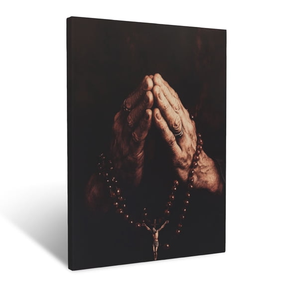 CozyNet Praying Hands With Rosary Beads, Soft Glow Of Light Highlighting The Delicate Details Wall Art Prints With Frame Canvas Perfect for Living Room & Bedroom, Ready to Hang, Wall Decor 12"x16"