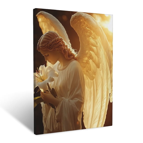 CozyNet Radiant Angel With Glowing Wings Holding A Lily Under Golden Sunlight Purity & Heavenly Grace Wall Art Prints With Frame Canvas Perfect for Living Room & Bedroom, Wall Decor 12"x16"