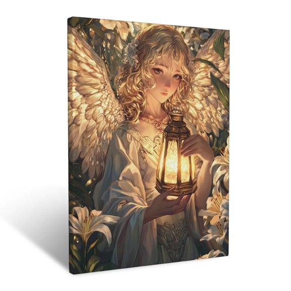 CozyNet Radiant Angel Holding A Glowing Lantern Surrounded By Blooming Lilies Under Golden Rays Heave Wall Art Prints With Frame Canvas Perfect for Living Room & Bedroom, Wall Decor 12"x16"