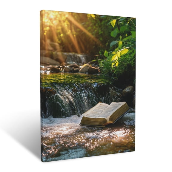 CozyNet A Radiant Bible Resting Beside A Peaceful Stream With Soft Sunlight Wall Art Prints With Frame Canvas Perfect for Living Room & Bedroom, Ready to Hang, Wall Decor 12"x16"