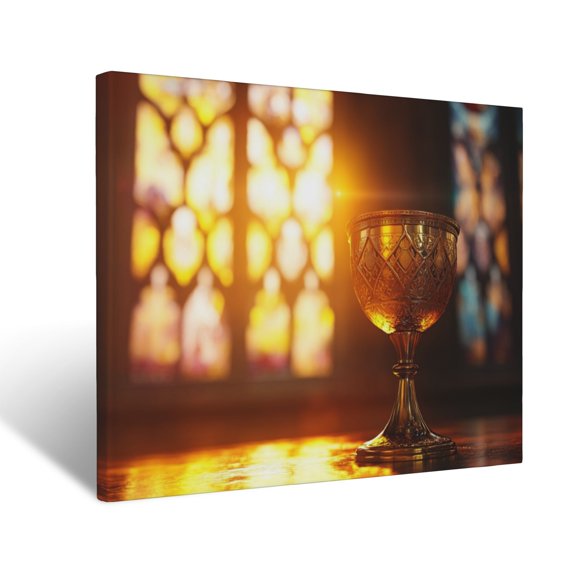 CozyNet Radiant Chalice Glowing On A Table, Symbolizing Communion And Holy Divine Grace Wall Art Prints With Frame Canvas Perfect for Living Room & Bedroom, Ready to Hang, Wall Decor 12"x16"