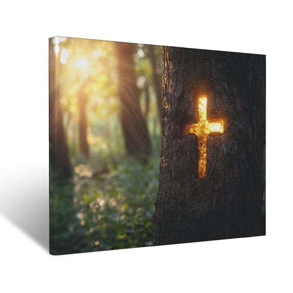 CozyNet Radiant Cross Carved Into A Tree Trunk, Glowing With Divine Light In A Tranquil Forest Wall Art Prints With Frame Canvas Perfect for Living Room & Bedroom, Ready to Hang, Wall Decor 16"x20"