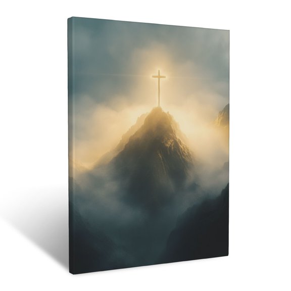 CozyNet A Radiant Cross Emerging From A Misty Mountain Under Soft Light Wall Art Prints With Frame Canvas Perfect for Living Room & Bedroom, Ready to Hang, Wall Decor 12"x16"