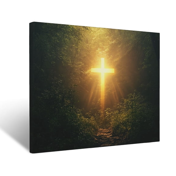CozyNet Radiant Cross Glowing In A Dark Forest, Symbolizing Guidance, Hope, And Holy Divine Strength Wall Art Prints With Frame Canvas Perfect for Living Room & Bedroom, Wall Decor 12"x16"