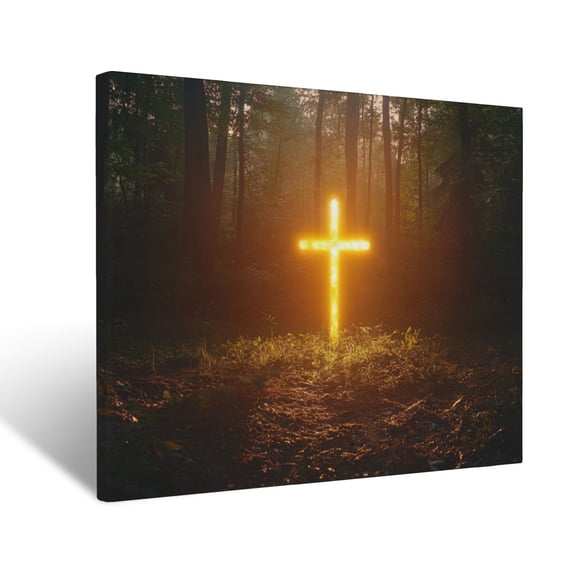 CozyNet Radiant Cross Glowing In A Dark Forest, Symbolizing Divine Love, Guidance, And Light Wall Art Prints With Frame Canvas Perfect for Living Room & Bedroom, Ready to Hang, Wall Decor 16"x20"