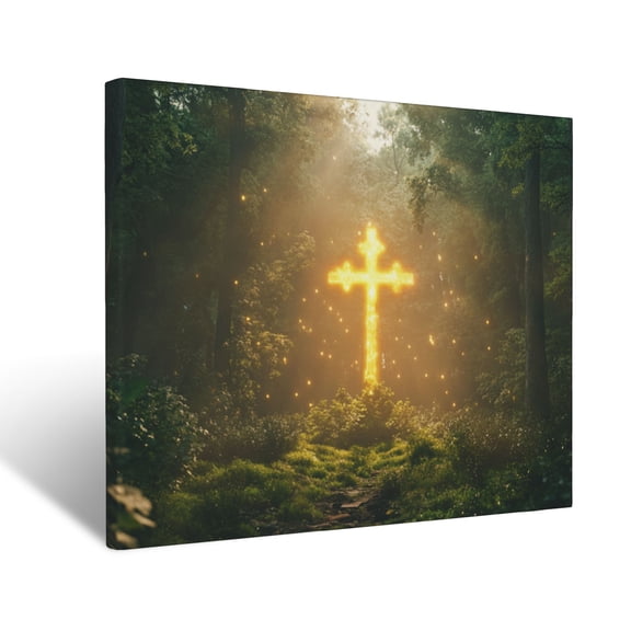 CozyNet Radiant Cross Glowing In The Center Of A Peaceful Forest, Surrounded By Divine Golden Beams Wall Art Prints With Frame Canvas Perfect for Living Room & Bedroom, Wall Decor 12"x16"