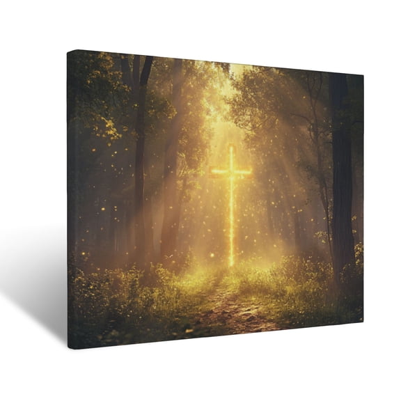 CozyNet Radiant Cross Glowing In The Middle Of A Peaceful Forest, Surrounded By Golden Light Wall Art Prints With Frame Canvas Perfect for Living Room & Bedroom, Ready to Hang, Wall Decor 12"x16"