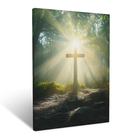 CozyNet Radiant Cross Shining Brightly In A Tranquil Forest With Sunlight Streaming Through The Trees Wall Art Prints With Frame Canvas Perfect for Living Room & Bedroom, Wall Decor 12"x16"