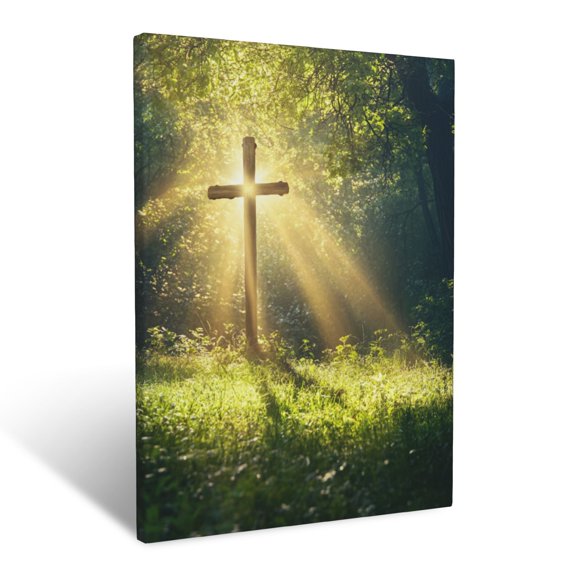 CozyNet Radiant Cross Shining Brightly In A Tranquil Meadow With Sunlight Streaming Through The Trees Wall Art Prints With Frame Canvas Perfect for Living Room & Bedroom, Wall Decor 12"x16"