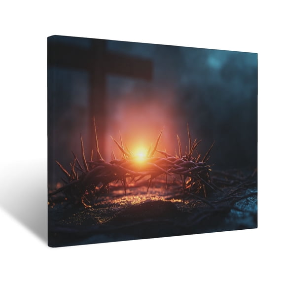 CozyNet Radiant Crown Of Thorns Glowing At The Base Of A Cross, Symbolizing Redemption Wall Art Prints With Frame Canvas Perfect for Living Room & Bedroom, Ready to Hang, Wall Decor 12"x16"