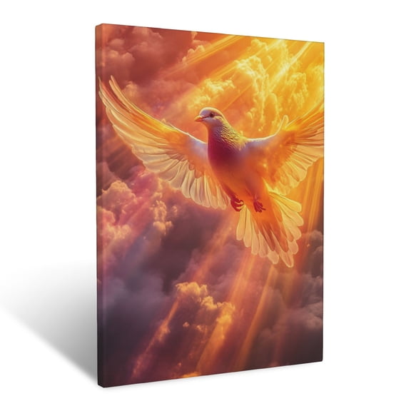 CozyNet Radiant Dove Flying Through Clouds, Vibrant Beams Of Light Emanating From Its Figure Wall Art Prints With Frame Canvas Perfect for Living Room & Bedroom, Ready to Hang, Wall Decor 12"x16"