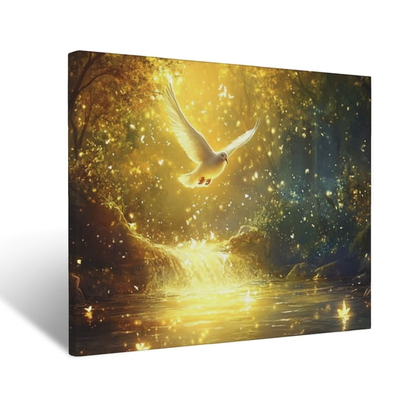 CozyNet Radiant Dove Flying Over A Glowing River Peaceful Scene Symbolizing Renewal, Peace & Divine G Wall Art Prints With Frame Canvas Perfect for Living Room & Bedroom, Wall Decor 16"x20"