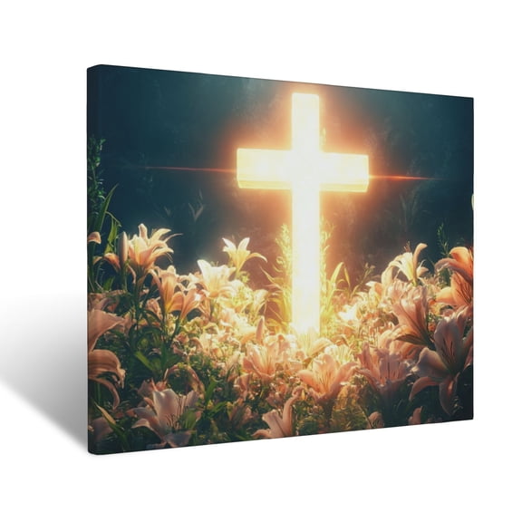 CozyNet Radiant Glowing Cross Surrounded By Blooming Lilies, Symbolizing Hope And Resurrection Wall Art Prints With Frame Canvas Perfect for Living Room & Bedroom, Ready to Hang, Wall Decor 12"x16"