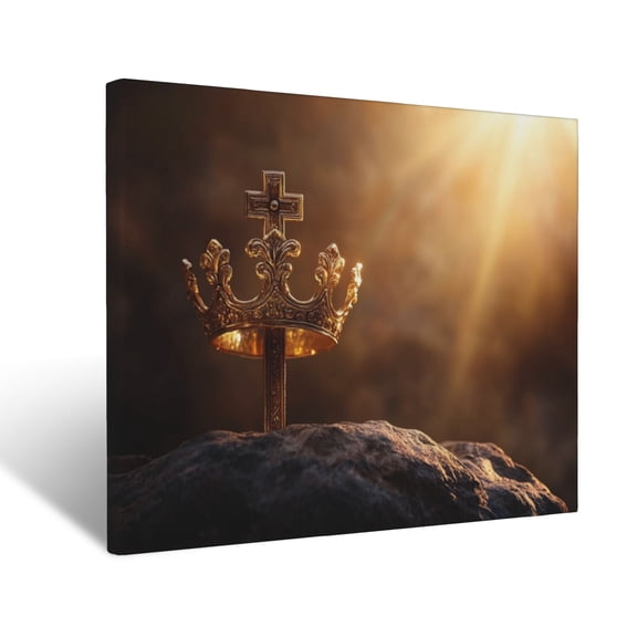 CozyNet Radiant Golden Crown Sitting On A Cross, Symbolizing Victory Through Sacrifice Wall Art Prints With Frame Canvas Perfect for Living Room & Bedroom, Ready to Hang, Wall Decor 12"x16"