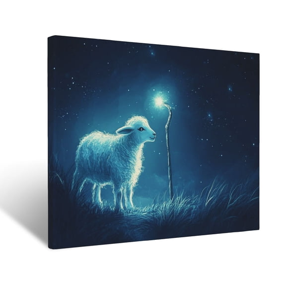 CozyNet Radiant Lamb Glowing Beside A Glowing Shepherd Crook Under Starlight Peaceful Image Of Care Wall Art Prints With Frame Canvas Perfect for Living Room & Bedroom, Wall Decor 12"x16"