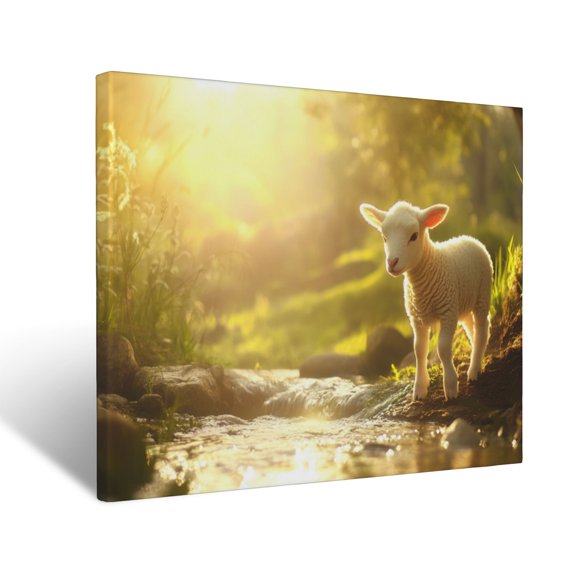 CozyNet Radiant Lamb Glowing Beside A Glowing Stream In Sunlight Peaceful Image Symbolizing Purity & Wall Art Prints With Frame Canvas Perfect for Living Room & Bedroom, Wall Decor 12"x16"