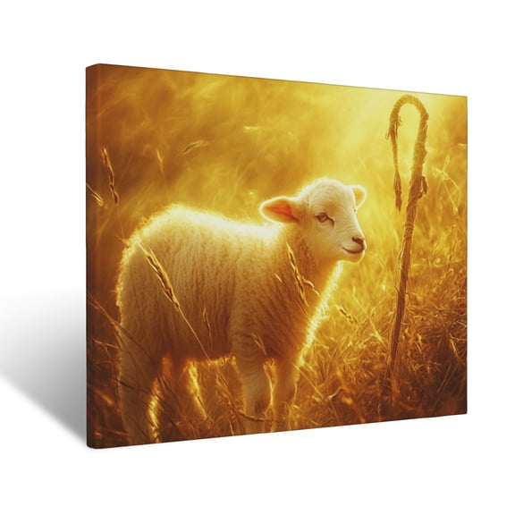 CozyNet Radiant Lamb Glowing Softly Beside A Glowing Shepherd Crook In Golden Light Serene Image Of Wall Art Prints With Frame Canvas Perfect for Living Room & Bedroom, Wall Decor 12"x16"