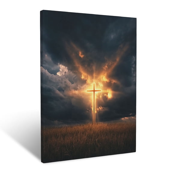 CozyNet Radiant Light Breaking Through Dark Clouds Onto A Glowing Cross In A Serene Field Faith And R Wall Art Prints With Frame Canvas Perfect for Living Room & Bedroom, Wall Decor 12"x16"