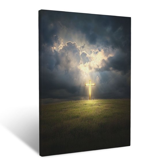 CozyNet Radiant Light Breaking Through Dark Clouds Onto A Glowing Cross In A Tranquil Field Faith Ete Wall Art Prints With Frame Canvas Perfect for Living Room & Bedroom, Wall Decor 12"x16"