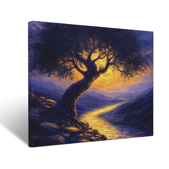 CozyNet Radiant Olive Tree Glowing Softly Beside A Glowing River Of Life Under Twilight Peaceful Symb Wall Art Prints With Frame Canvas Perfect for Living Room & Bedroom, Wall Decor 12"x16"
