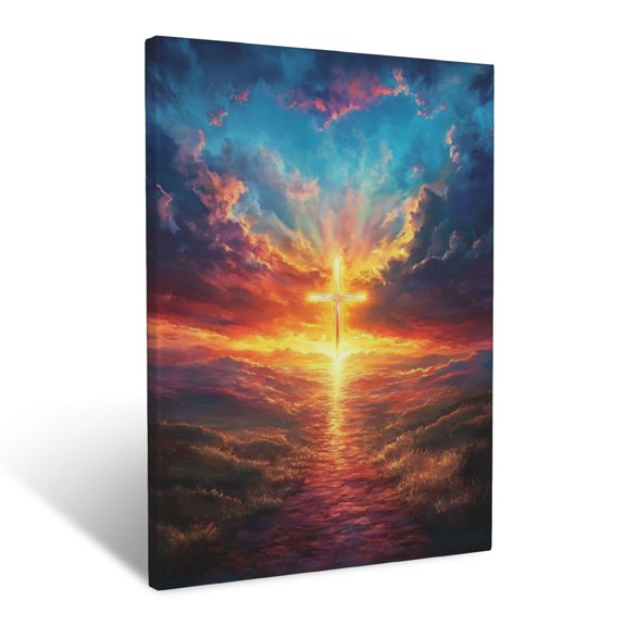 CozyNet Radiant Path Of Light Leading Toward Divine Cross Glowing On The Horizon Wall Art Prints With Frame Canvas Perfect for Living Room & Bedroom, Ready to Hang, Wall Decor 12"x16"