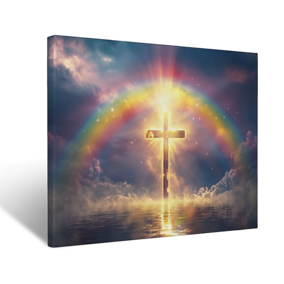 CozyNet Radiant Rainbow Encircling A Glowing Cross, Symbolizing Eternal Hope & God Promise Wall Art Prints With Frame Canvas Perfect for Living Room & Bedroom, Ready to Hang, Wall Decor 12"x16"