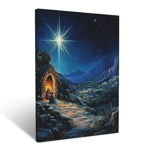 CozyNet Radiant Star Over Bethlehem Illuminating Humble Stable & Peaceful Scene Wall Art Prints With Frame Canvas Perfect for Living Room & Bedroom, Ready to Hang, Wall Decor 12"x16"