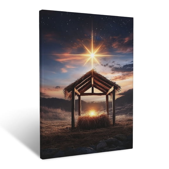 CozyNet Radiant Star Shining Brightly Over A Glowing Manger Under Serene Skies Symbol Of Holy Birth Wall Art Prints With Frame Canvas Perfect for Living Room & Bedroom, Wall Decor 16"x20"