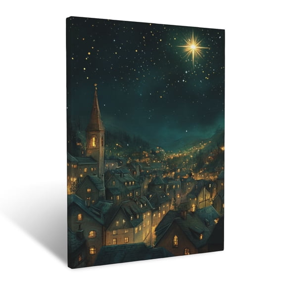 CozyNet Radiant Star Shining Over A Peaceful City With Glowing Rooftops Under A Night Sky Peace Wall Art Prints With Frame Canvas Perfect for Living Room & Bedroom, Ready to Hang, Wall Decor 12"x16"