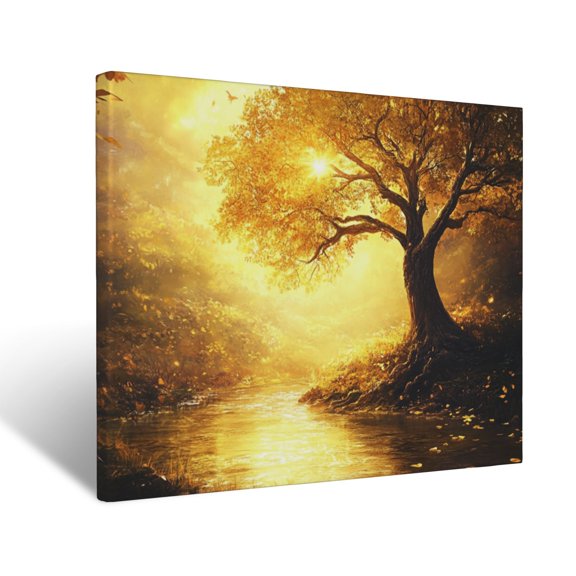 CozyNet Radiant Tree Glowing Softly Beside A Glowing River Of Life In Golden Sunlight Peaceful Symbol Wall Art Prints With Frame Canvas Perfect for Living Room & Bedroom, Wall Decor 12"x16"