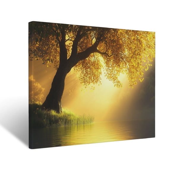 CozyNet Radiant Tree Glowing Softly In Golden Twilight Beside Still Glowing Waters Peaceful Image Of Wall Art Prints With Frame Canvas Perfect for Living Room & Bedroom, Wall Decor 16"x20"