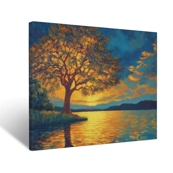 CozyNet Radiant Tree Glowing Softly In Golden Twilight Beside Calm Waters Peaceful Symbol Of Renewal Wall Art Prints With Frame Canvas Perfect for Living Room & Bedroom, Wall Decor 12"x16"