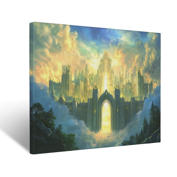 CozyNet Radiant Vision Of The New Jerusalem, Glowing Gates Opening To A Peaceful City Of Light Wall Art Prints With Frame Canvas Perfect for Living Room & Bedroom, Ready to Hang, Wall Decor 16"x20"