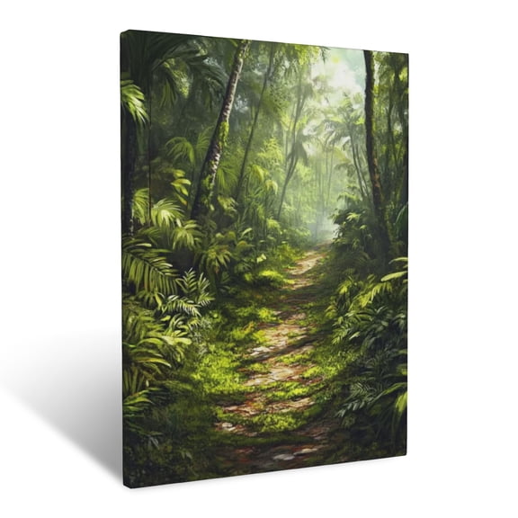 CozyNet Rainforest Path Covered In Thick Moss, Surrounded By Towering Trees & Tropical Plants Wall Art Prints With Frame Canvas Perfect for Living Room & Bedroom, Ready to Hang, Wall Decor 16"x20"in
