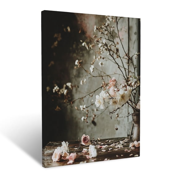 CozyNet Romantic Floral Still Life Featuring Soft Blooms, Rustic Sprigs & Scattered Petals Wall Art Prints With Frame Canvas Perfect for Living Room & Bedroom, Ready to Hang, Wall Decor 12"x16"in