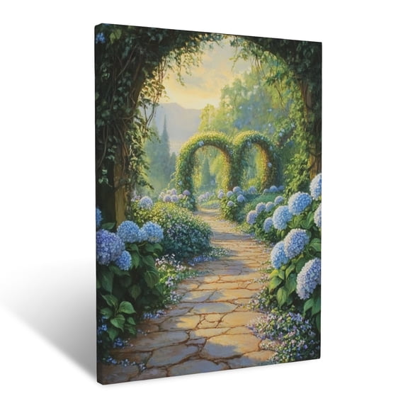 CozyNet Romantic Pathway Lined With Blooming Hydrangeas And Trailing Ivy Vines Wall Art Prints With Frame Canvas Perfect for Living Room & Bedroom, Ready to Hang, Wall Decor 12"x16"in