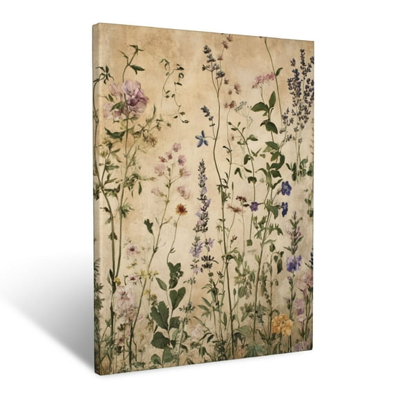 CozyNet Rustic Garden Inspired Mural Of Scattered Herbs, Lavender And Climbing Floral Tendrils Wall Art Prints With Frame Canvas Perfect for Living Room & Bedroom, Ready to Hang, Wall Decor 12"x16"in
