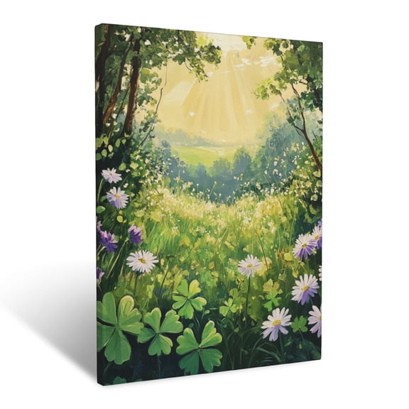 CozyNet Rustic Meadow View With Clovers, Violets & Bright Daisies Basking Under Sunlight Wall Art Prints With Frame Canvas Perfect for Living Room & Bedroom, Ready to Hang, Wall Decor 12"x16"in
