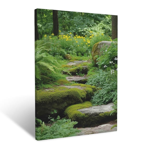 CozyNet Rustic Woodland Garden Filled With Fern Patches, Wildflowers & Mossy Boulders Wall Art Prints With Frame Canvas Perfect for Living Room & Bedroom, Ready to Hang, Wall Decor 12"x16"in