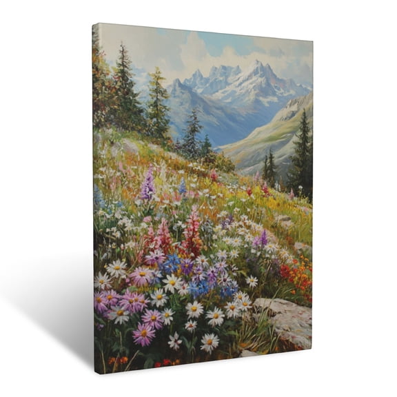 CozyNet Serene Alpine Meadow Bursting With Colorful Edelweiss And Asters Wall Art Prints With Frame Canvas Perfect for Living Room & Bedroom, Ready to Hang, Wall Decor 12"x16"in