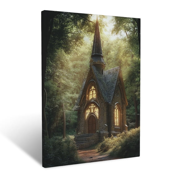 CozyNet Serene Chapel Glowing In A Tranquil Forest Under Soft Sunlight Place Of Peace Wall Art Prints With Frame Canvas Perfect for Living Room & Bedroom, Ready to Hang, Wall Decor 12"x16"