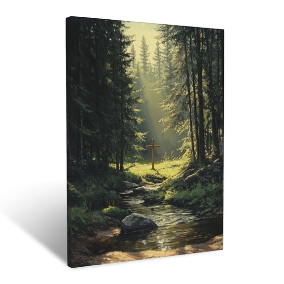 CozyNet Serene Creek With A Small Wooden Cross, Sunlight Filtering Through Tall Pine Trees Wall Art Prints With Frame Canvas Perfect for Living Room & Bedroom, Ready to Hang, Wall Decor 12"x16"
