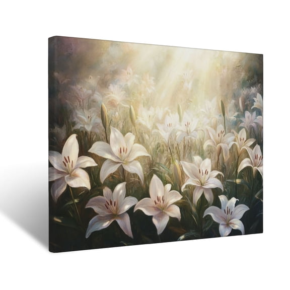 CozyNet Serene Field Of Lilies Glowing Softly Under A Radiant Heavenly Light Wall Art Prints With Frame Canvas Perfect for Living Room & Bedroom, Ready to Hang, Wall Decor 12"x16"